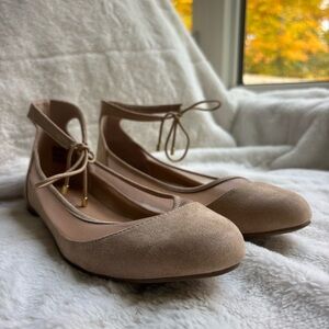 Christian Sirjano Tan Nude Ballet Flats Ankle Tie Mesh Panel Size 9 Minimalist